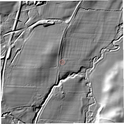 Shaded relief map of the ground around SY66NQ, computed from Environment Agency LiDAR. The ground here sits at about 128 m above sea level and falls 20 m across the surrounding 800 m. Surface water reaching this point runs off ground lying to the west-south-west, 8.8 m higher.