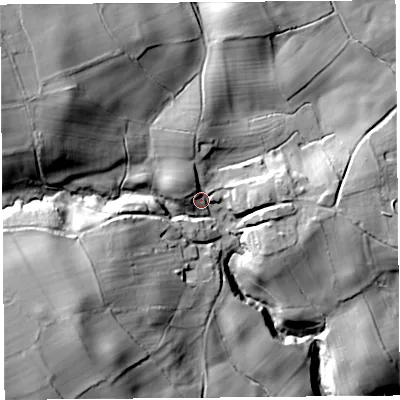 Shaded relief map of the ground around SY66NR, computed from Environment Agency LiDAR. The ground here sits at about 280 m above sea level and falls 52 m across the surrounding 800 m. Surface water reaching this point runs off ground lying to the north-west, 9.7 m higher.
