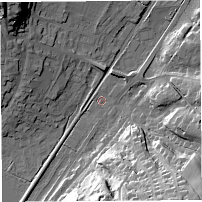 Shaded relief map of the ground around SY66PG, computed from Environment Agency LiDAR. The ground here sits at about 186 m above sea level and falls 41 m across the surrounding 800 m. Surface water reaching this point runs off ground lying to the north-north-east, 5.8 m higher.