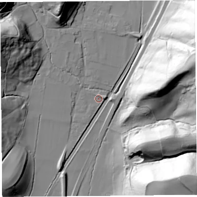 Shaded relief map of the ground around SY66PN, computed from Environment Agency LiDAR. The ground here sits at about 182 m above sea level and falls 94 m across the surrounding 800 m. Surface water reaching this point runs off ground lying to the east, 3.2 m higher.