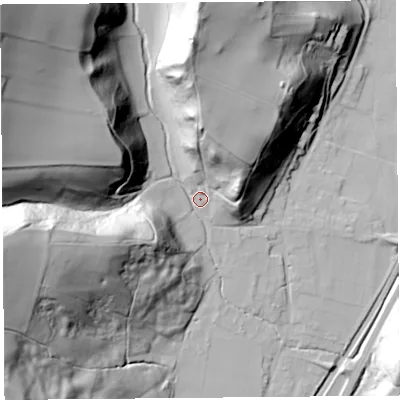 Shaded relief map of the ground around SY66PP, computed from Environment Agency LiDAR. The ground here sits at about 192 m above sea level and falls 96 m across the surrounding 800 m. Surface water reaching this point runs off ground lying to the north-west, 85.3 m higher.