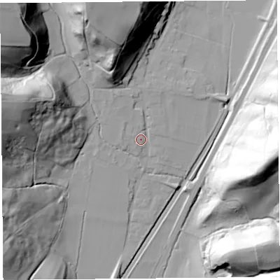 Shaded relief map of the ground around SY66RE, computed from Environment Agency LiDAR. The ground here sits at about 186 m above sea level and falls 77 m across the surrounding 800 m. Surface water reaching this point runs off ground lying to the north-north-west, 23.2 m higher.