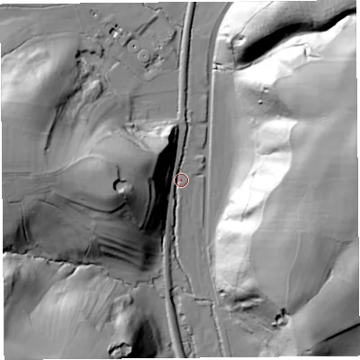 Shaded relief map of the ground around SY66RG, computed from Environment Agency LiDAR. The ground here sits at about 168 m above sea level and falls 71 m across the surrounding 800 m. Surface water reaching this point runs off ground lying to the west, 40.8 m higher.