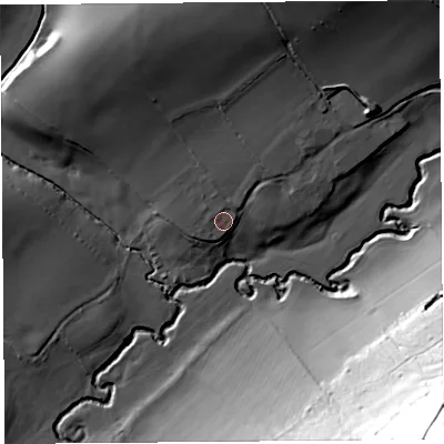 Shaded relief map of the ground around SY66RR, computed from Environment Agency LiDAR. The ground here sits at about 143 m above sea level and falls 95 m across the surrounding 800 m. Surface water reaching this point runs off ground lying to the north, 1.4 m higher.