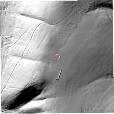 Shaded relief map of the ground around SY66TA, computed from Environment Agency LiDAR. The ground here sits at about 426 m above sea level and falls 159 m across the surrounding 800 m. Surface water reaching this point runs off ground lying to the south-east, 1.3 m higher.