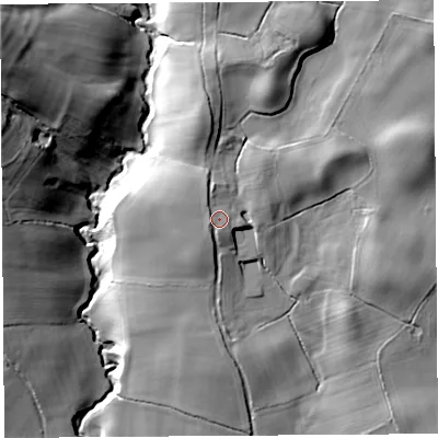 Shaded relief map of the ground around SY67HZ, computed from Environment Agency LiDAR. The ground here sits at about 193 m above sea level and falls 40 m across the surrounding 800 m. Surface water reaching this point runs off ground lying to the north-west, 1.8 m higher.