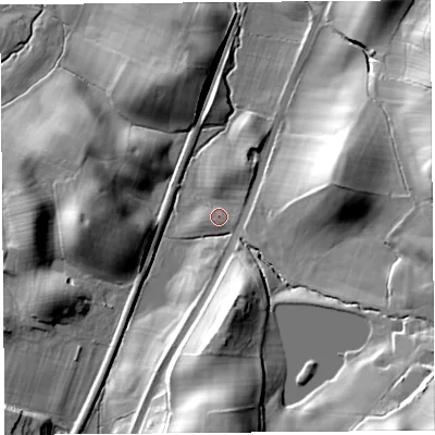 Shaded relief map of the ground around SY67JH, computed from Environment Agency LiDAR. The ground here sits at about 184 m above sea level and falls 34 m across the surrounding 800 m. Surface water reaching this point runs off ground lying to the south, 1.9 m higher.
