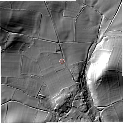 Shaded relief map of the ground around SY67JY, computed from Environment Agency LiDAR. The ground here sits at about 216 m above sea level and falls 41 m across the surrounding 800 m. Surface water reaching this point runs off ground lying to the north-west, 27.1 m higher.