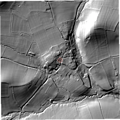 Shaded relief map of the ground around SY67JZ, computed from Environment Agency LiDAR. The ground here sits at about 212 m above sea level and falls 33 m across the surrounding 800 m. Surface water reaching this point runs off ground lying to the west-north-west, 5.2 m higher.