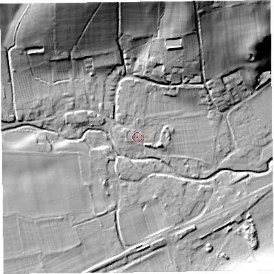 Shaded relief map of the ground around SY70AA, computed from Environment Agency LiDAR. The ground here sits at about 145 m above sea level and falls 45 m across the surrounding 800 m. Surface water reaching this point runs off ground lying to the north, 3.8 m higher.