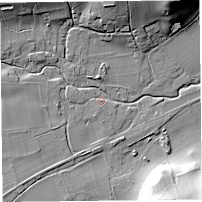 Shaded relief map of the ground around SY70AB, computed from Environment Agency LiDAR. The ground here sits at about 145 m above sea level and falls 36 m across the surrounding 800 m. Surface water reaching this point runs off ground lying to the west, 4.0 m higher.