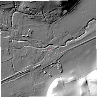 Shaded relief map of the ground around SY70AE, computed from Environment Agency LiDAR. The ground here sits at about 142 m above sea level and falls 53 m across the surrounding 800 m. Surface water reaching this point runs off ground lying to the north-north-west, 22.1 m higher.