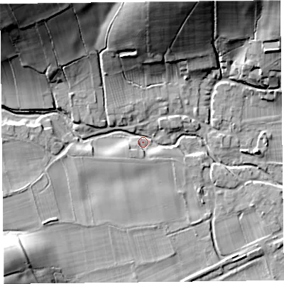Shaded relief map of the ground around SY70AF, computed from Environment Agency LiDAR. The ground here sits at about 145 m above sea level and falls 42 m across the surrounding 800 m. Surface water reaching this point runs off ground lying to the north-west, 39.5 m higher.