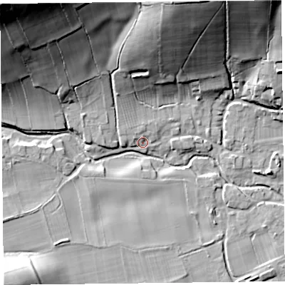 Shaded relief map of the ground around SY70AH, computed from Environment Agency LiDAR. The ground here sits at about 147 m above sea level and falls 57 m across the surrounding 800 m. Surface water reaching this point runs off ground lying to the north, 2.5 m higher.