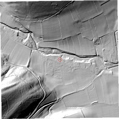 Shaded relief map of the ground around SY70AL, computed from Environment Agency LiDAR. The ground here sits at about 153 m above sea level and falls 98 m across the surrounding 800 m. Surface water reaching this point runs off ground lying to the west-north-west, 3.3 m higher.