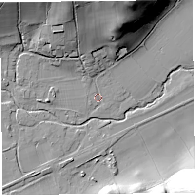 Shaded relief map of the ground around SY70AQ, computed from Environment Agency LiDAR. The ground here sits at about 143 m above sea level and falls 48 m across the surrounding 800 m. Surface water reaching this point runs off ground lying to the north-north-west, 37.4 m higher.