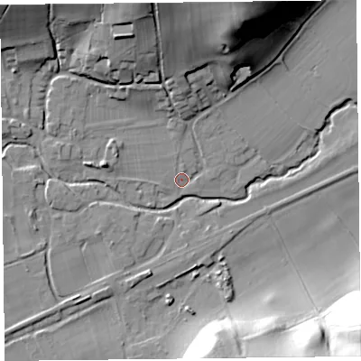 Shaded relief map of the ground around SY70AU, computed from Environment Agency LiDAR. The ground here sits at about 142 m above sea level and falls 43 m across the surrounding 800 m. Surface water reaching this point runs off ground lying to the north-north-west, 29.8 m higher.