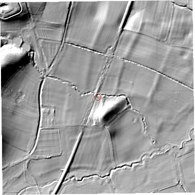 Shaded relief map of the ground around SY70BH, computed from Environment Agency LiDAR. The ground here sits at about 136 m above sea level and falls 28 m across the surrounding 800 m. Surface water reaching this point runs off ground lying to the south-south-east, 5.4 m higher.