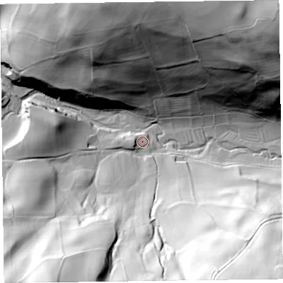 Shaded relief map of the ground around SY70BP, computed from Environment Agency LiDAR. The ground here sits at about 217 m above sea level and falls 95 m across the surrounding 800 m. Surface water reaching this point runs off ground lying to the west, 6.0 m higher.