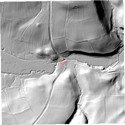 Shaded relief map of the ground around SY70BS, computed from Environment Agency LiDAR. The ground here sits at about 225 m above sea level and falls 62 m across the surrounding 800 m. Surface water reaching this point runs off ground lying to the north, 56.9 m higher.