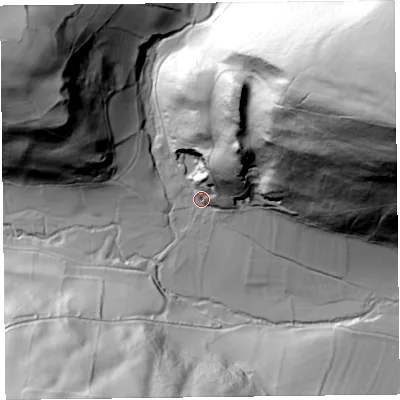 Shaded relief map of the ground around SY70BU, computed from Environment Agency LiDAR. The ground here sits at about 209 m above sea level and falls 148 m across the surrounding 800 m. Surface water reaching this point runs off ground lying to the north-north-east, 68.9 m higher.