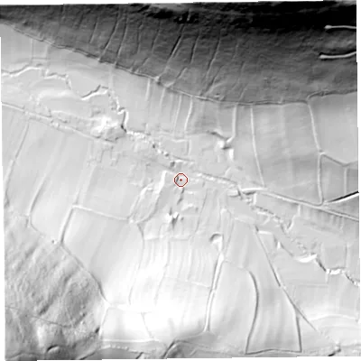 Shaded relief map of the ground around SY70BW, computed from Environment Agency LiDAR. The ground here sits at about 194 m above sea level and falls 172 m across the surrounding 800 m. Surface water reaching this point runs off ground lying to the south-west, 151.4 m higher.