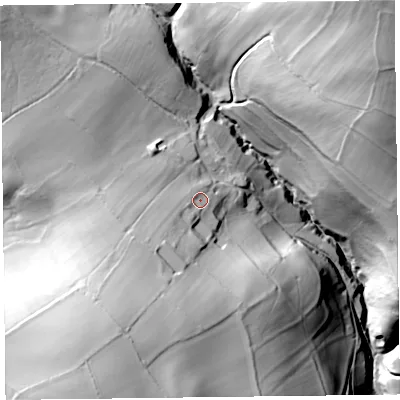 Shaded relief map of the ground around SY70BX, computed from Environment Agency LiDAR. The ground here sits at about 300 m above sea level and falls 99 m across the surrounding 800 m. Surface water reaching this point runs off ground lying to the south-west, 11.1 m higher.