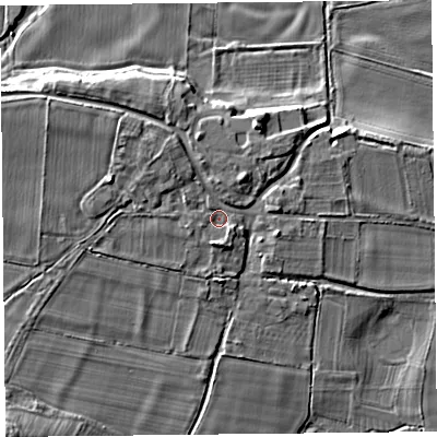 Shaded relief map of the ground around SY70DH, computed from Environment Agency LiDAR. The ground here sits at about 135 m above sea level and falls 16 m across the surrounding 800 m. Surface water reaching this point runs off ground lying to the south-south-west, 2.3 m higher.