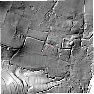 Shaded relief map of the ground around SY70DY, computed from Environment Agency LiDAR. The ground here sits at about 151 m above sea level and falls 62 m across the surrounding 800 m. Surface water reaching this point runs off ground lying to the west-north-west, 1.5 m higher.
