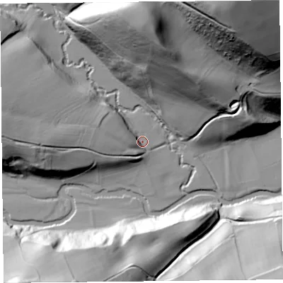 Shaded relief map of the ground around SY70EB, computed from Environment Agency LiDAR. The ground here sits at about 124 m above sea level and falls 99 m across the surrounding 800 m. Surface water reaching this point runs off ground lying to the west, 17.2 m higher.