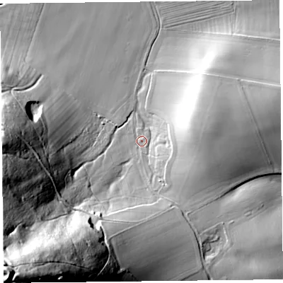 Shaded relief map of the ground around SY70EP, computed from Environment Agency LiDAR. The ground here sits at about 138 m above sea level and falls 115 m across the surrounding 800 m. Surface water reaching this point runs off ground lying to the south-south-west, 41.8 m higher.