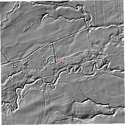 Shaded relief map of the ground around SY70ES, computed from Environment Agency LiDAR. The ground here sits at about 126 m above sea level and falls 8 m across the surrounding 800 m. Surface water reaching this point runs off ground lying to the west-south-west, 0.7 m higher.