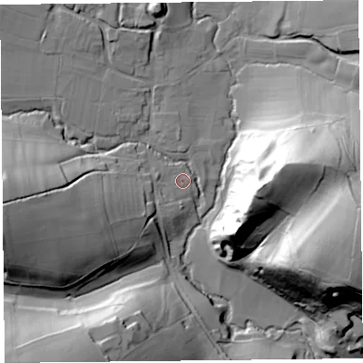 Shaded relief map of the ground around SY70ET, computed from Environment Agency LiDAR. The ground here sits at about 143 m above sea level and falls 61 m across the surrounding 800 m. Surface water reaching this point runs off ground lying to the west-south-west, 35.6 m higher.