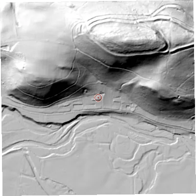 Shaded relief map of the ground around SY70EW, computed from Environment Agency LiDAR. The ground here sits at about 147 m above sea level and falls 130 m across the surrounding 800 m. Surface water reaching this point runs off ground lying to the north-north-east, 114.8 m higher.
