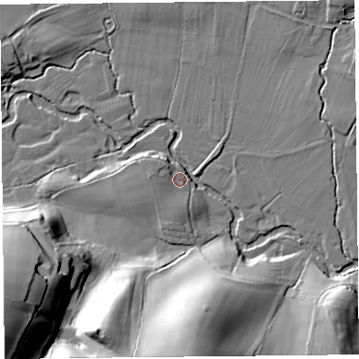 Shaded relief map of the ground around SY70HA, computed from Environment Agency LiDAR. The ground here sits at about 136 m above sea level and falls 38 m across the surrounding 800 m. Surface water reaching this point runs off ground lying to the south-west, 35.8 m higher.