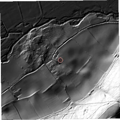 Shaded relief map of the ground around SY70HE, computed from Environment Agency LiDAR. The ground here sits at about 159 m above sea level and falls 124 m across the surrounding 800 m. Surface water reaching this point runs off ground lying to the south-east, 7.9 m higher.