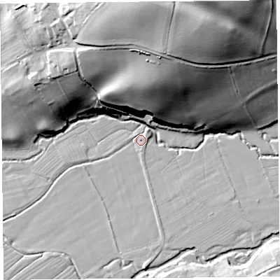 Shaded relief map of the ground around SY70HQ, computed from Environment Agency LiDAR. The ground here sits at about 142 m above sea level and falls 41 m across the surrounding 800 m. Surface water reaching this point runs off ground lying to the south, 2.9 m higher.