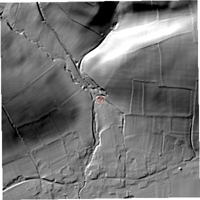 Shaded relief map of the ground around SY70HX, computed from Environment Agency LiDAR. The ground here sits at about 168 m above sea level and falls 87 m across the surrounding 800 m. Surface water reaching this point runs off ground lying to the north-east, 80.5 m higher.