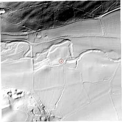 Shaded relief map of the ground around SY70JA, computed from Environment Agency LiDAR. The ground here sits at about 173 m above sea level and falls 101 m across the surrounding 800 m. Surface water reaching this point runs off ground lying to the south-west, 54.9 m higher.