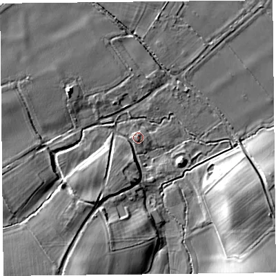 Shaded relief map of the ground around SY70JT, computed from Environment Agency LiDAR. The ground here sits at about 122 m above sea level and falls 13 m across the surrounding 800 m. Surface water reaching this point runs off ground lying to the south-east, 13.0 m higher.