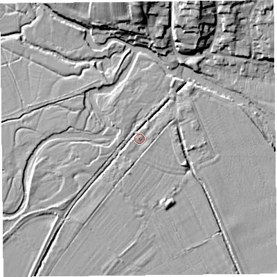 Shaded relief map of the ground around SY70JX, computed from Environment Agency LiDAR. The ground here sits at about 118 m above sea level and falls 16 m across the surrounding 800 m. Surface water reaching this point runs off ground lying to the south-west, 1.5 m higher.