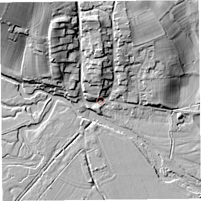 Shaded relief map of the ground around SY70JZ, computed from Environment Agency LiDAR. The ground here sits at about 119 m above sea level and falls 32 m across the surrounding 800 m. Surface water reaching this point runs off ground lying to the north, 20.6 m higher.
