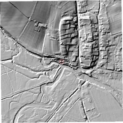 Shaded relief map of the ground around SY70LA, computed from Environment Agency LiDAR. The ground here sits at about 120 m above sea level and falls 35 m across the surrounding 800 m. Surface water reaching this point runs off ground lying to the north-west, 33.7 m higher.