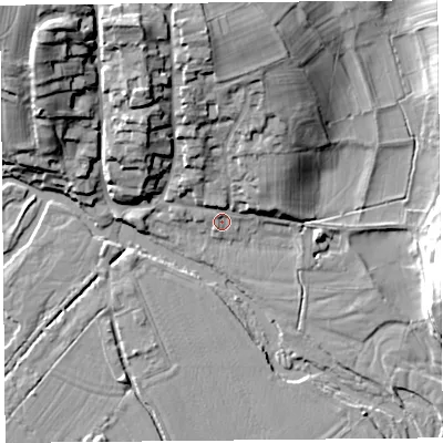 Shaded relief map of the ground around SY70LP, computed from Environment Agency LiDAR. The ground here sits at about 118 m above sea level and falls 26 m across the surrounding 800 m. Surface water reaching this point runs off ground lying to the north-north-east, 12.1 m higher.