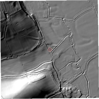 Shaded relief map of the ground around SY70NB, computed from Environment Agency LiDAR. The ground here sits at about 116 m above sea level and falls 39 m across the surrounding 800 m. Surface water reaching this point runs off ground lying to the north-west, 5.0 m higher.