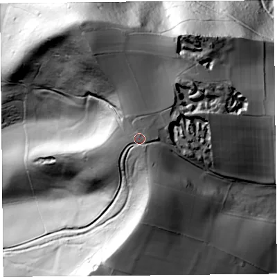 Shaded relief map of the ground around SY70NZ, computed from Environment Agency LiDAR. The ground here sits at about 308 m above sea level and falls 106 m across the surrounding 800 m. Surface water reaching this point runs off ground lying to the east, 1.3 m higher.