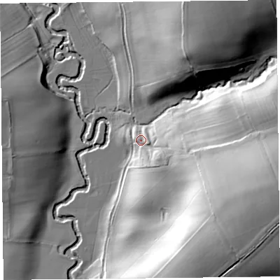 Shaded relief map of the ground around SY70PL, computed from Environment Agency LiDAR. The ground here sits at about 133 m above sea level and falls 42 m across the surrounding 800 m. Surface water reaching this point runs off ground lying to the south-east, 10.9 m higher.