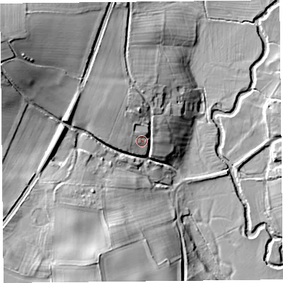Shaded relief map of the ground around SY70PX, computed from Environment Agency LiDAR. The ground here sits at about 137 m above sea level and falls 32 m across the surrounding 800 m. Surface water reaching this point runs off ground lying to the north-west, 7.6 m higher.