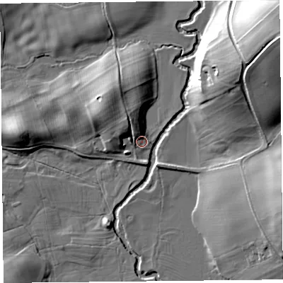 Shaded relief map of the ground around SY70PZ, computed from Environment Agency LiDAR. The ground here sits at about 125 m above sea level and falls 30 m across the surrounding 800 m. Surface water reaching this point runs off ground lying to the north-west, 8.7 m higher.