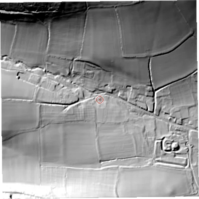 Shaded relief map of the ground around SY70QF, computed from Environment Agency LiDAR. The ground here sits at about 163 m above sea level and falls 69 m across the surrounding 800 m. Surface water reaching this point runs off ground lying to the north-north-west, 61.9 m higher.